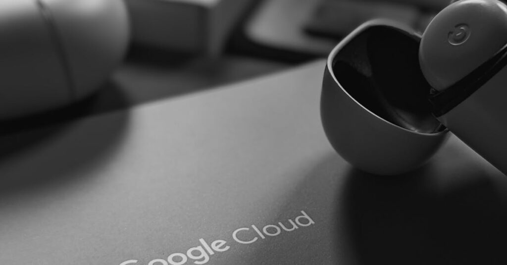 Black and white tech scene featuring a USB device and Google Cloud logo, embodying digital connectivity.